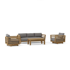Cordoba Teak Wood Sofa from Anderson Teak, outdoor patio seating with deep cushions in vibrant pomegranate color.
