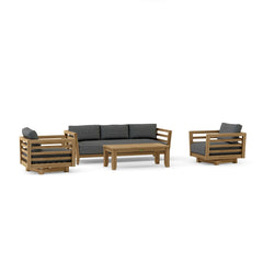 Anderson Teak Cordoba teak wood outdoor sofa set in deep seating style with pomegranate cushions, part of the 9-color designer collection.