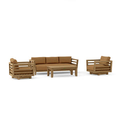 Anderson Teak Córdoba Teak Wood Sofa Set with deep seating in pomegranate color, outdoor patio garden lounge furniture.