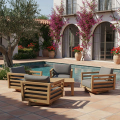 Anderson Teak SET-162 Cordoba teak wood outdoor patio sofa set with deep seating in pomegranate, featuring stylish swivel chairs.