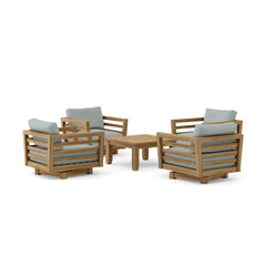Anderson Teak Cordoba Teak Wood Sofa Set with deep seating in Pomegranate color, outdoor patio lounge with swivel chairs.