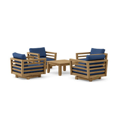 Cordoba Teak Wood Sofa set by Anderson Teak, outdoor patio seating with deep cushions in pomegranate color, 9 designer options.