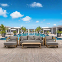 Anderson Teak Coronado 6-piece teak wood outdoor sofa set with deep seating in pomegranate color for garden lounge.