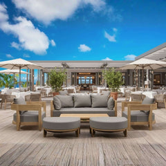 Anderson Teak 6-piece Coronado teak wood outdoor sofa set with deep seating, in pomegranate color, for garden lounge.