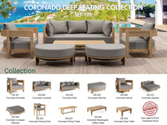 Anderson Teak Coronado 6-piece teak wood outdoor sofa set in deep red pomegranate, designed for garden lounge comfort.