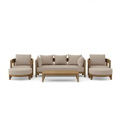 Anderson Teak Coronado 6-piece teak wood outdoor sofa set with deep seating in pomegranate color for garden lounge decor.