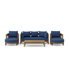 Anderson Teak Coronado 6-piece teak wood outdoor sofa set with deep seating and colorful cushions in pomegranate and other designer shades.