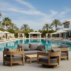 Anderson Teak Coronado 5-piece teak wood deep seating outdoor sofa set with cushions in vibrant pomegranate color.