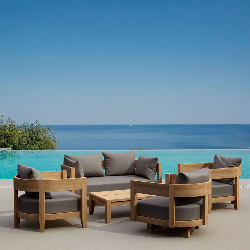Anderson Teak Coronado 5-piece teak wood outdoor sofa set with deep seating in pomegranate, part of the luxury patio collection.