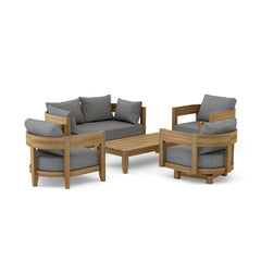 Anderson Teak Coronado 5-piece teak wood deep seating sofa set with colorful cushions for outdoor garden lounge.