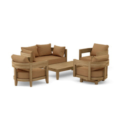 Anderson Teak Coronado 5-piece teak wood deep seating patio sofa set in pomegranate, including cushions, for outdoor garden lounge.