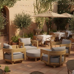 Anderson Teak Coronado 6-piece deep seating outdoor sofa set in Pomegranate with cushions, designed for garden lounge comfort.