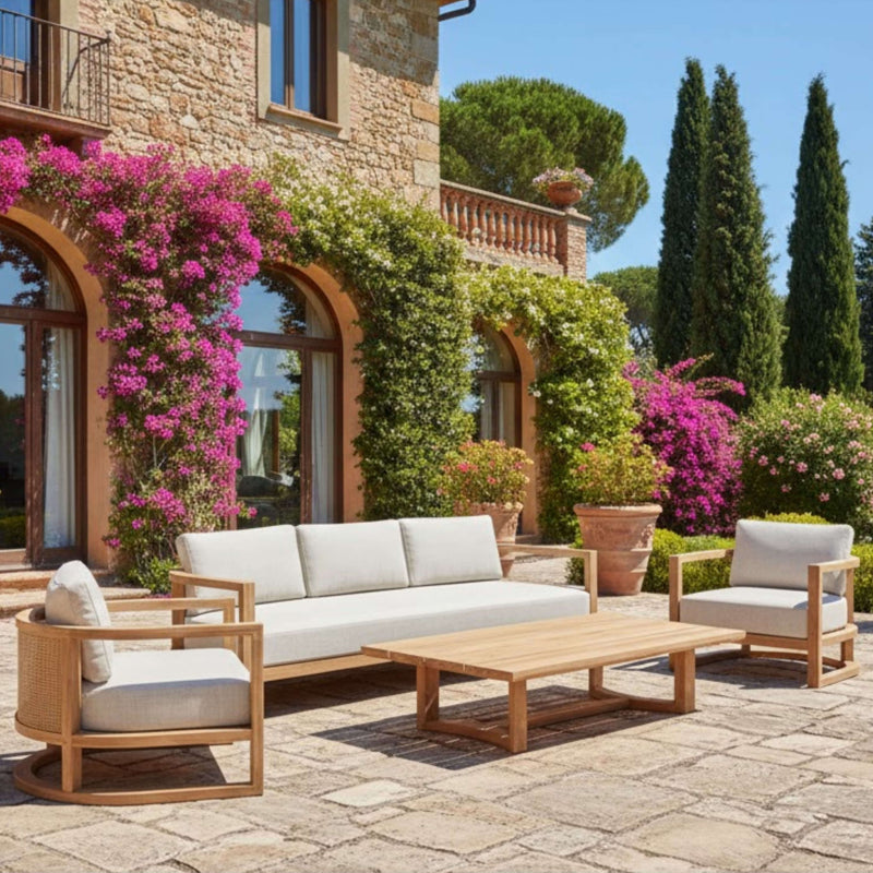 Anderson Teak Junus Teak Wood Deep Seating Sofa Set in Pomegranate with 9 designer colors for outdoor garden lounge.