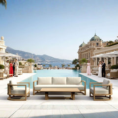 Anderson Teak Junus teak wood deep seating sofa set in pomegranate with 9 designer colors for outdoor patio lounge.