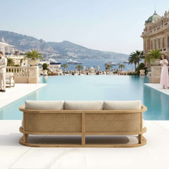 Anderson Teak Junus outdoor sofa set in cast pomegranate, deep seating design with plush cushions for garden lounge comfort.