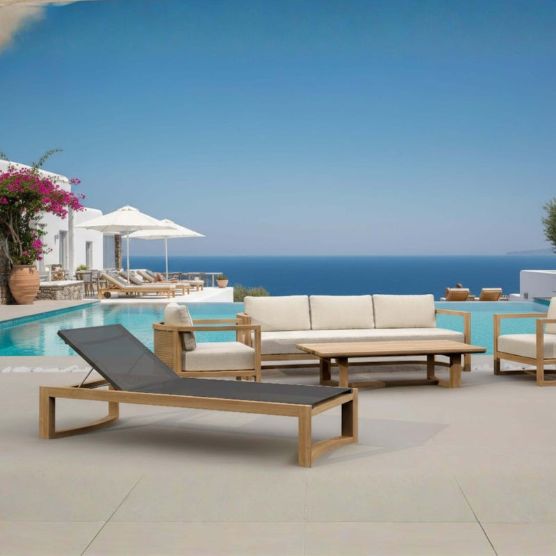 Anderson Teak JUNUS Teak Wood Deep Seating Sofa Set in Pomegranate, outdoor patio lounge with 9 designer color options.