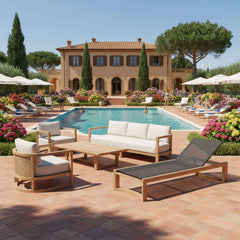 Anderson Teak JUNUS teak wood deep seating sofa set in pomegranate color, outdoor garden lounge with plush cushions.