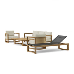 Anderson Teak JUNUS Teak Wood Deep Seating Sofa Set with pomegranate cushions, outdoor patio lounge, 9 designer colors visible.
