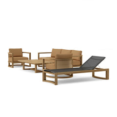 Anderson Teak Junus deep seating sofa set in pomegranate color, stylish outdoor garden lounge with plush cushions and teak wood frame.