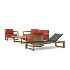 Anderson Teak Junus teak wood deep seating sofa in pomegranate color, part of the 9-color outdoor patio conversational set.