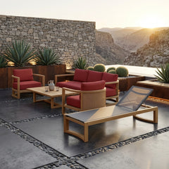 Anderson Teak Junus teak wood outdoor sofa set with plush cushions, designed for garden lounge and available in nine colors.