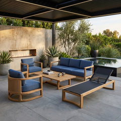 Anderson Teak JUNUS teak wood outdoor patio sofa set with deep seating, in pomegranate color for garden lounge and outdoor relaxation.