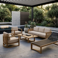 Anderson Teak Junus Teak Wood Outdoor Sofa Set with plush cushions, available in nine designer colors for garden lounge and patio.