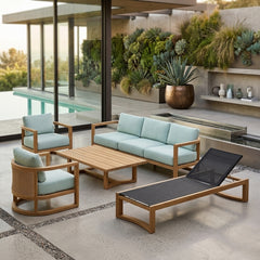 Anderson Teak Junus teak wood outdoor sofa set with deep seating, in Pomegranate, part of the 9-color designer outdoor patio collection.