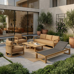 Anderson Teak Junus teak wood outdoor sofa set with deep seating, in pomegranate, perfect for garden lounge and patio relaxation.