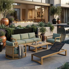 Anderson Teak Junus teak wood outdoor sofa set in vibrant pomegranate color, designed for garden lounge and patio relaxation.