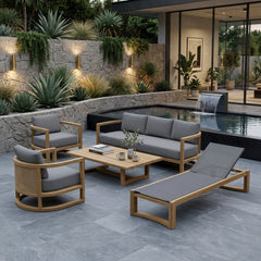 Anderson Teak Junus teak wood outdoor sofa set with deep seating, in Pomegranate color, designed for garden lounge and patio use.