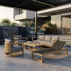 Anderson Teak JUNUS teak wood outdoor sofa set with deep seating, in Pomegranate color, for garden lounge or patio.