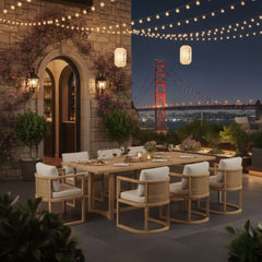 Anderson Teak JUNUS dining table set in cast pomegranate with 9 designer colors, featuring a stylish modern sofa and dining design.