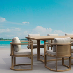 Anderson Teak JUNUS dining table set in cast pomegranate color with matching sofa, designer finish, and nine color options.