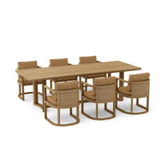 Anderson Teak JUNUS dining table set in cast pomegranate with 9 designer color options, showcasing modern furniture design.