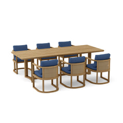 Anderson Teak JUNUS dining table set with sofa in vibrant pomegranate color, 9 designer options, modern outdoor furniture.