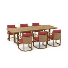 Anderson Teak Junus dining table set in pomegranate color with matching sofas, showcasing modern design and vibrant furniture style.