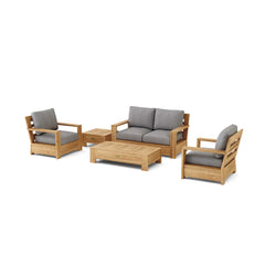 Anderson Teak 5-piece teak wood deep seating outdoor sofa set with colorful cushions for garden lounge.
