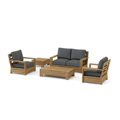 Anderson Teak 5-piece Madera teak wood deep seating sofa set with cushions in vibrant Pomegranate color for outdoor patio lounge.