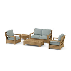 Anderson Teak 5-piece teak wood deep seating patio sofa set with colorful cushions for outdoor garden lounge.