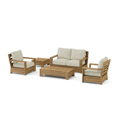 Anderson Teak 5-piece teak wood deep seating outdoor sofa set with colorful cushions for garden lounge and patio comfort.