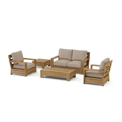 Anderson Teak 5-piece deep seating outdoor sofa set in pomegranate, featuring teak wood construction and designer color options.