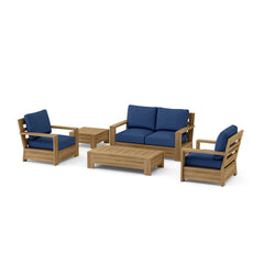 Anderson Teak 5-piece teak wood deep seating patio sofa set with colorful cushions for outdoor garden lounge.