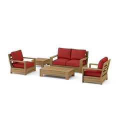 Anderson Teak 5-piece Madera teak wood deep seating outdoor sofa set with cushions in pomegranate color for garden lounge.