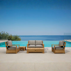 Anderson Teak 5-piece teak wood outdoor sofa set with deep seating in pomegranate color, designed for garden lounge relaxation.