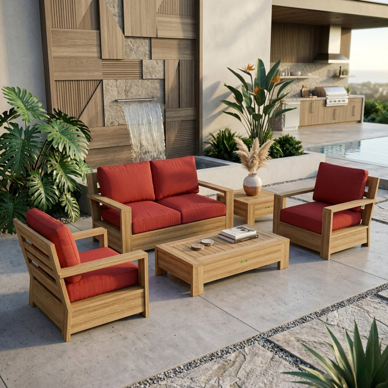 Anderson Teak 5-piece teak wood outdoor sofa set with deep seating, perfect for garden lounging in vibrant designer colors.