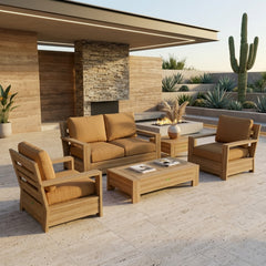 Anderson Teak 5-piece teak wood outdoor sofa set with deep seating in pomegranate, ideal for garden lounge and patio decor.