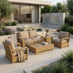 Anderson Teak 5-piece teak wood outdoor sofa set with deep seating and colorful cushions for garden lounge and patio relaxation.