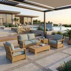 Anderson Teak 5-piece teak wood outdoor sofa set in pomegranate for garden patio, with deep seating and vibrant designer colors.