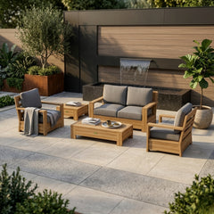 Anderson Teak 5-piece teak wood outdoor sofa set with deep seating in pomegranate, designed for garden lounge and patio spaces.